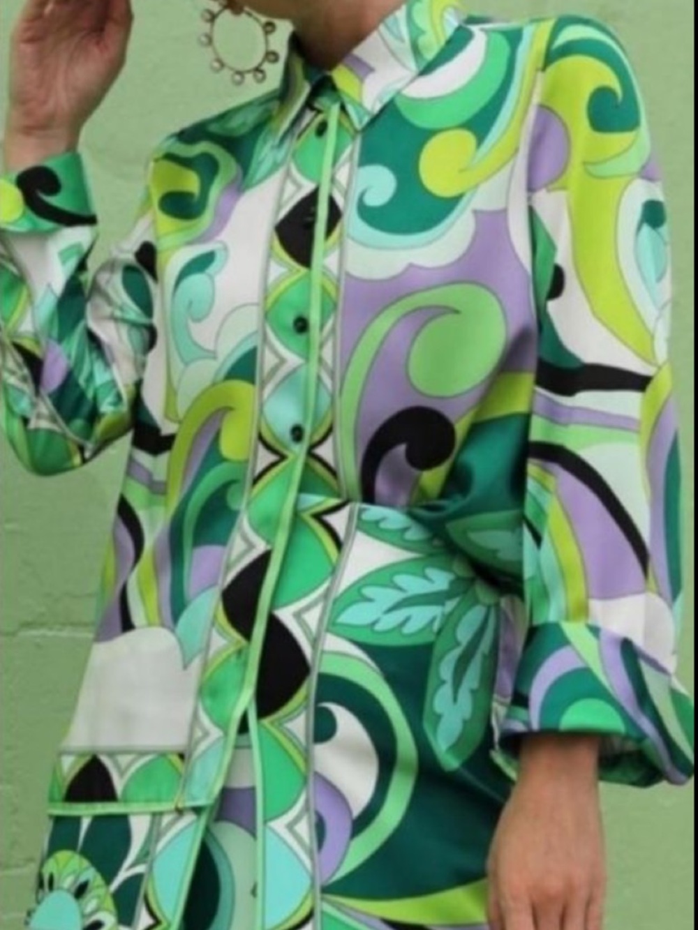 Zara Green & Lilac Swirl Print Button-Up Blouse